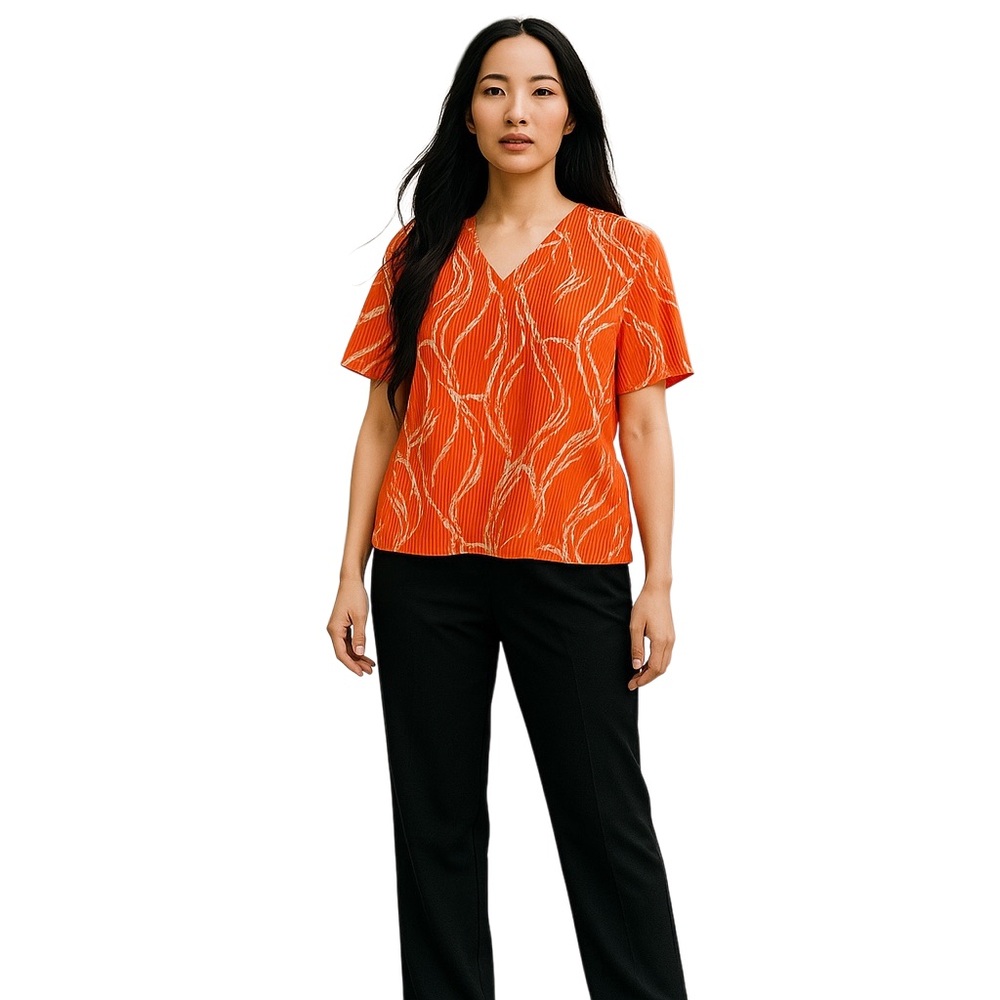 Rafaella Women's 1X Multicolor V-Neck Pleated Blouse Gathered Short Sleeve